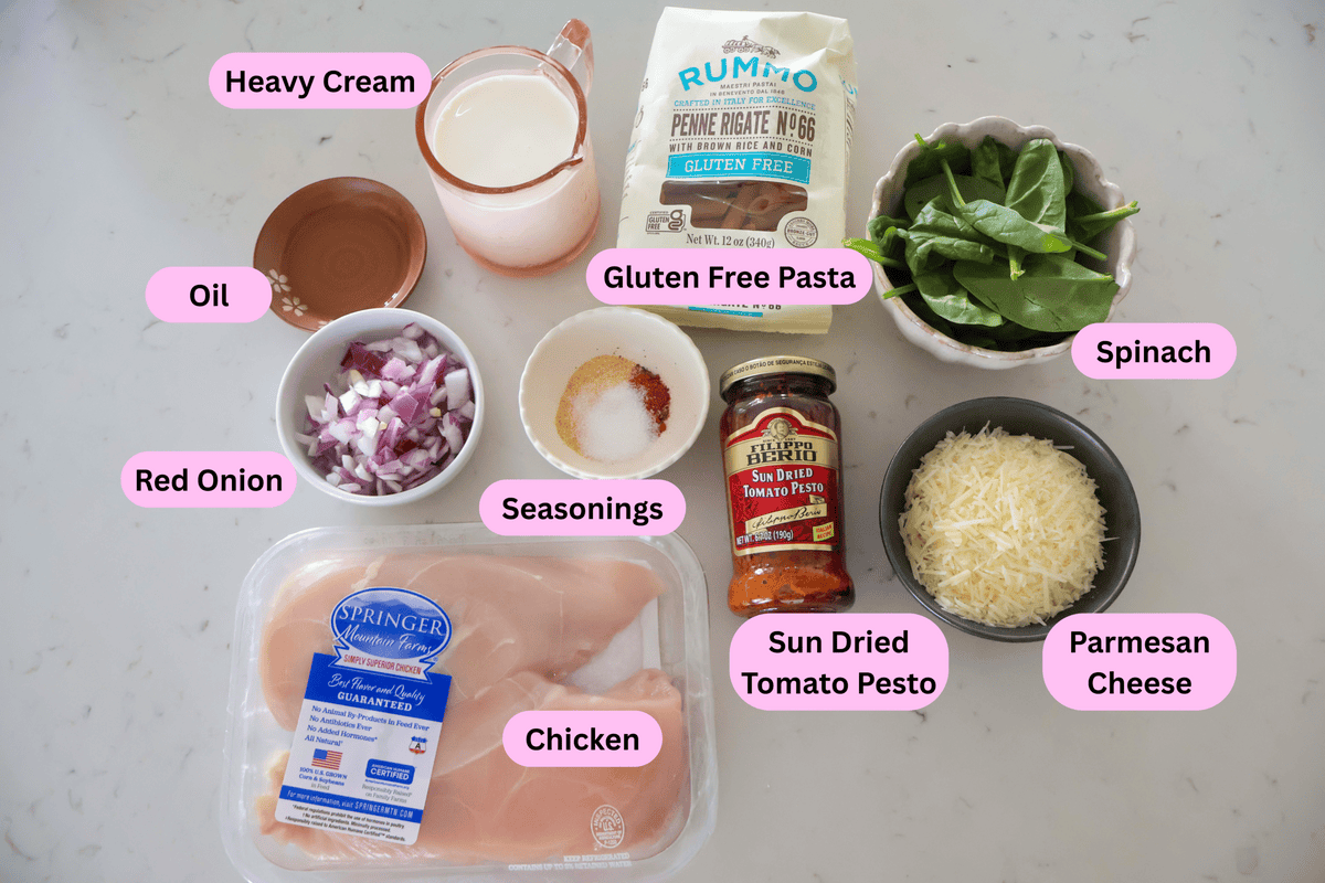Pesto and Sun Dried Tomato Pasta Ingredients labeled on the counter.
