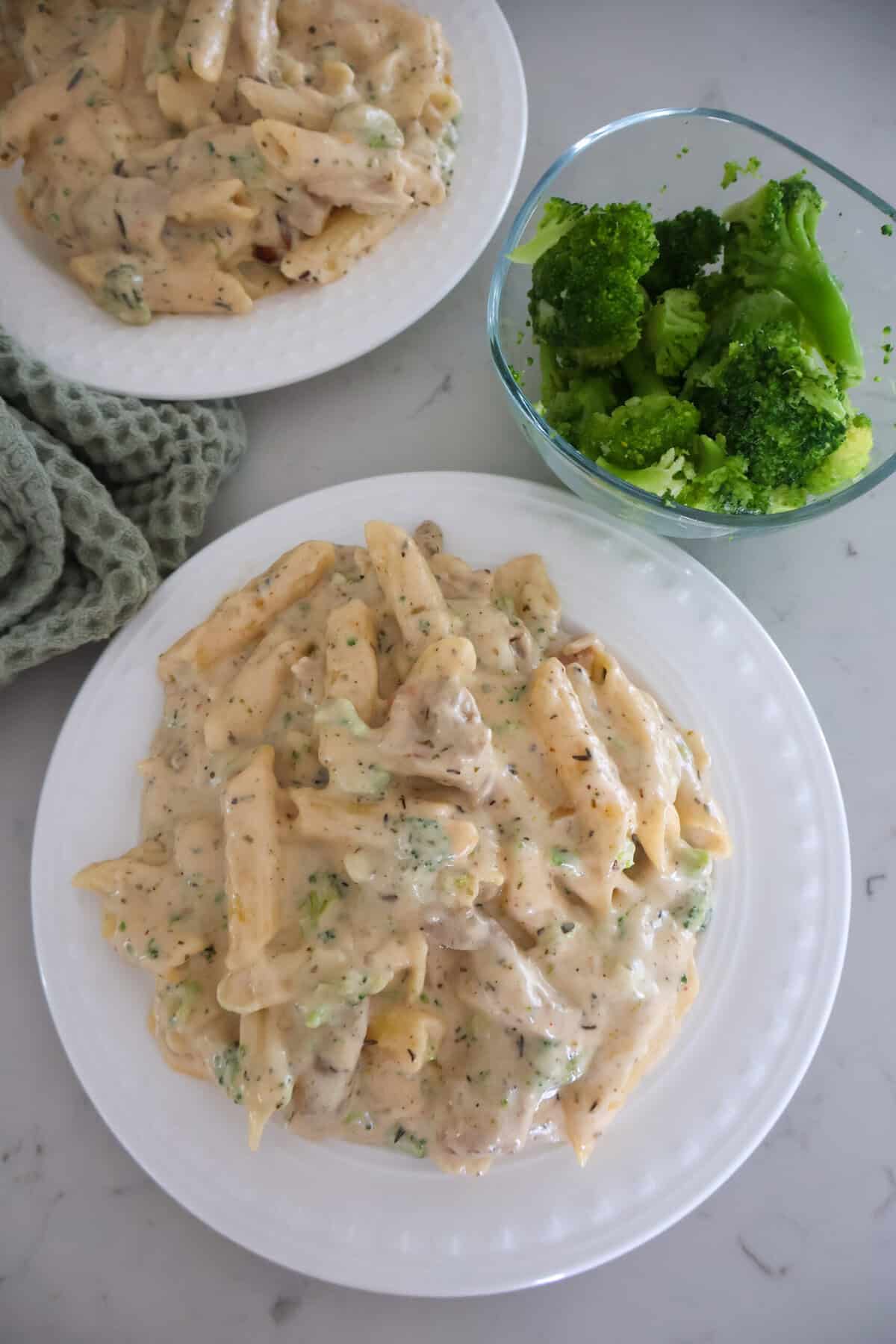 A white plate of Chicken Broccoli Penne Pasta.