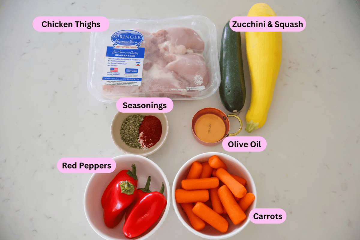 Ingredients for Sheet Pan Chicken and Vegetables Recipe labeled.
