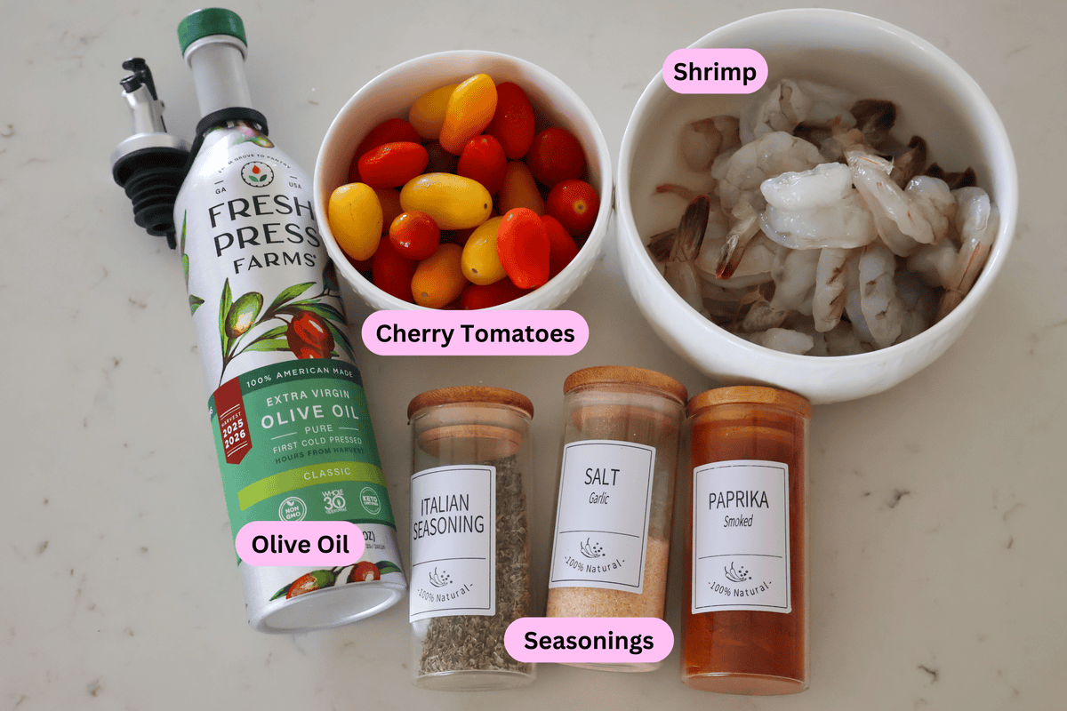 Ingredients for Sheet Pan Shrimp labeled on the counter.