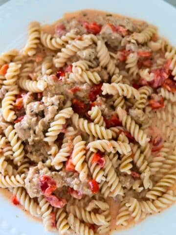A plate of cream sausage pasta.