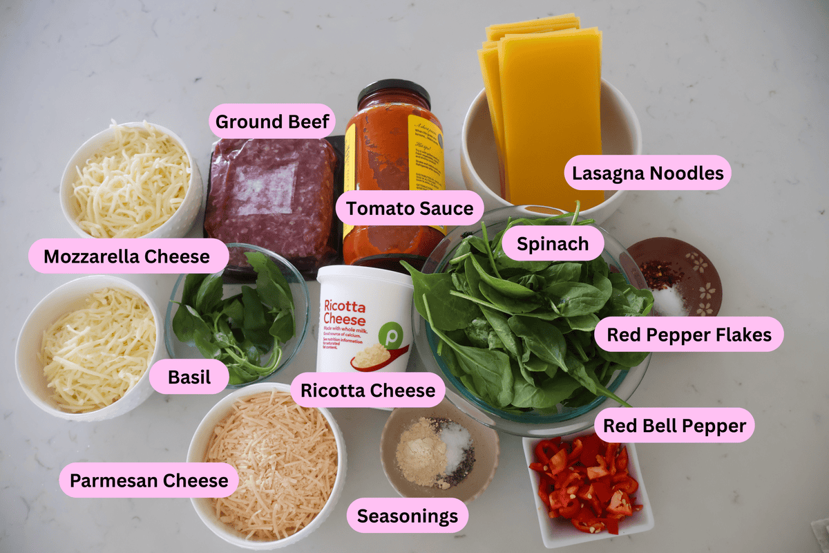 Ingredients for sheet pan lasagna labeled on the counter.
