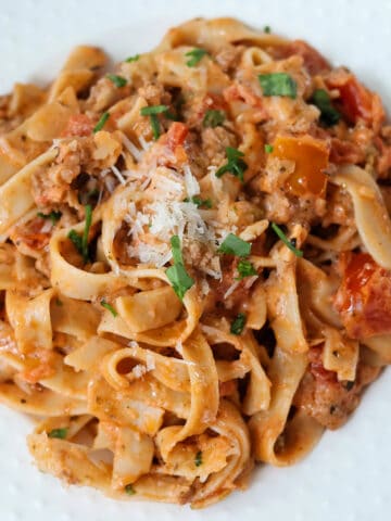 Creamy bolognese sauce and pasta on a white plate.