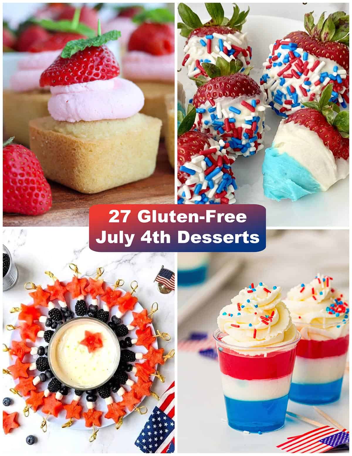 Collage of strawberry shortcake, chocolate-covered strawberries-berry kabobs, and Jello parfaits.