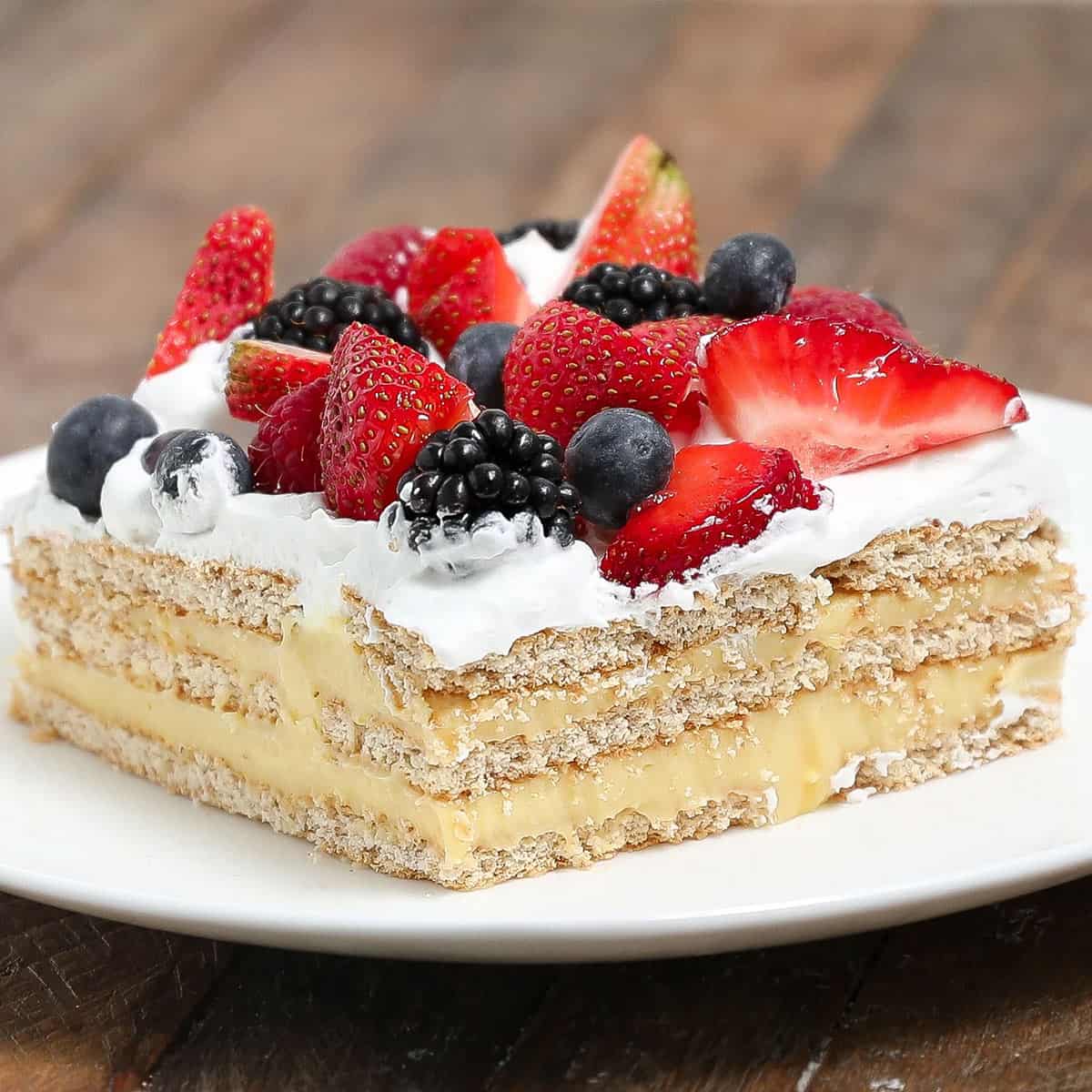 A slice of no-bake cherry icebox cake.