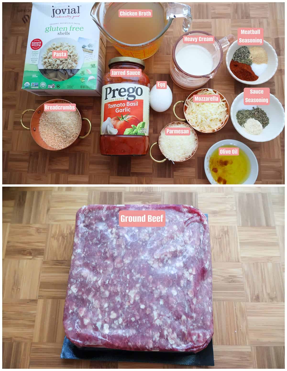 Individual mini meatball pasta ingredients in bowls on a table.