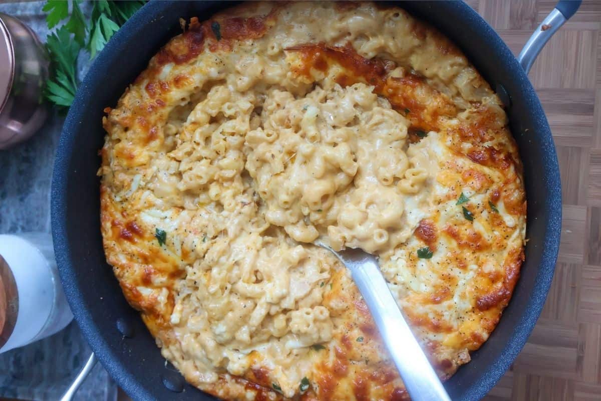 Gluten free skillet mac and cheese freshly cooked in a skillet.