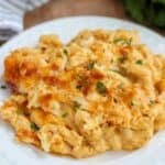 Gluten free skillet mac and cheese on a white plate.
