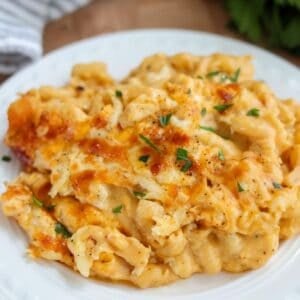 Gluten free skillet mac and cheese on a white plate.