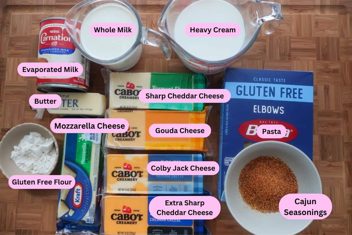 Ingredients for gluten free skillet mac and cheese labeled on a cutting board.