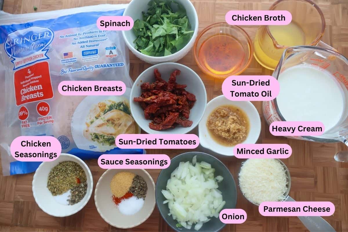Ingredients for Marry Me Chicken and Rice labeled on a cutting board.