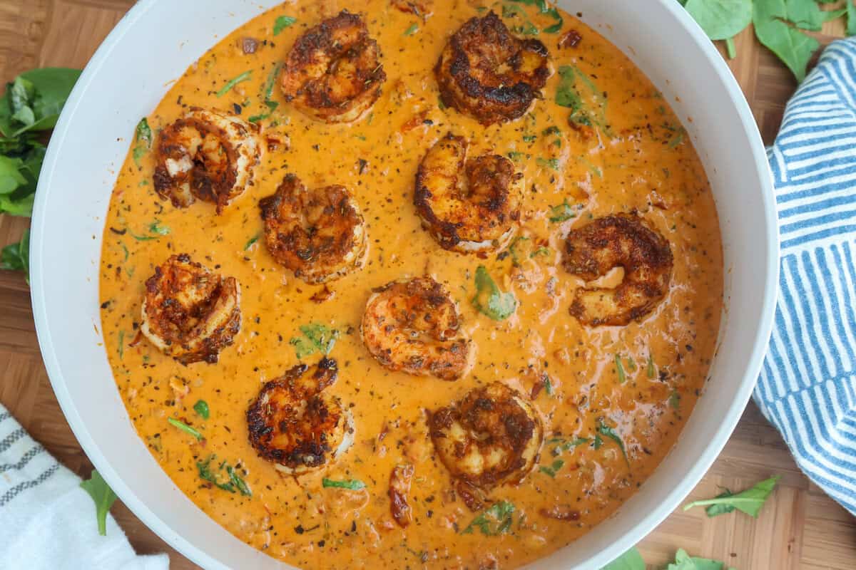 Marry Me Shrimp sauce done cooking in a skillet.
