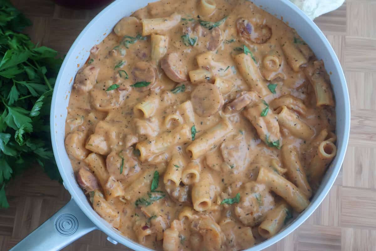 A skillet of New Orleans Marry Me Pasta ready to be served.