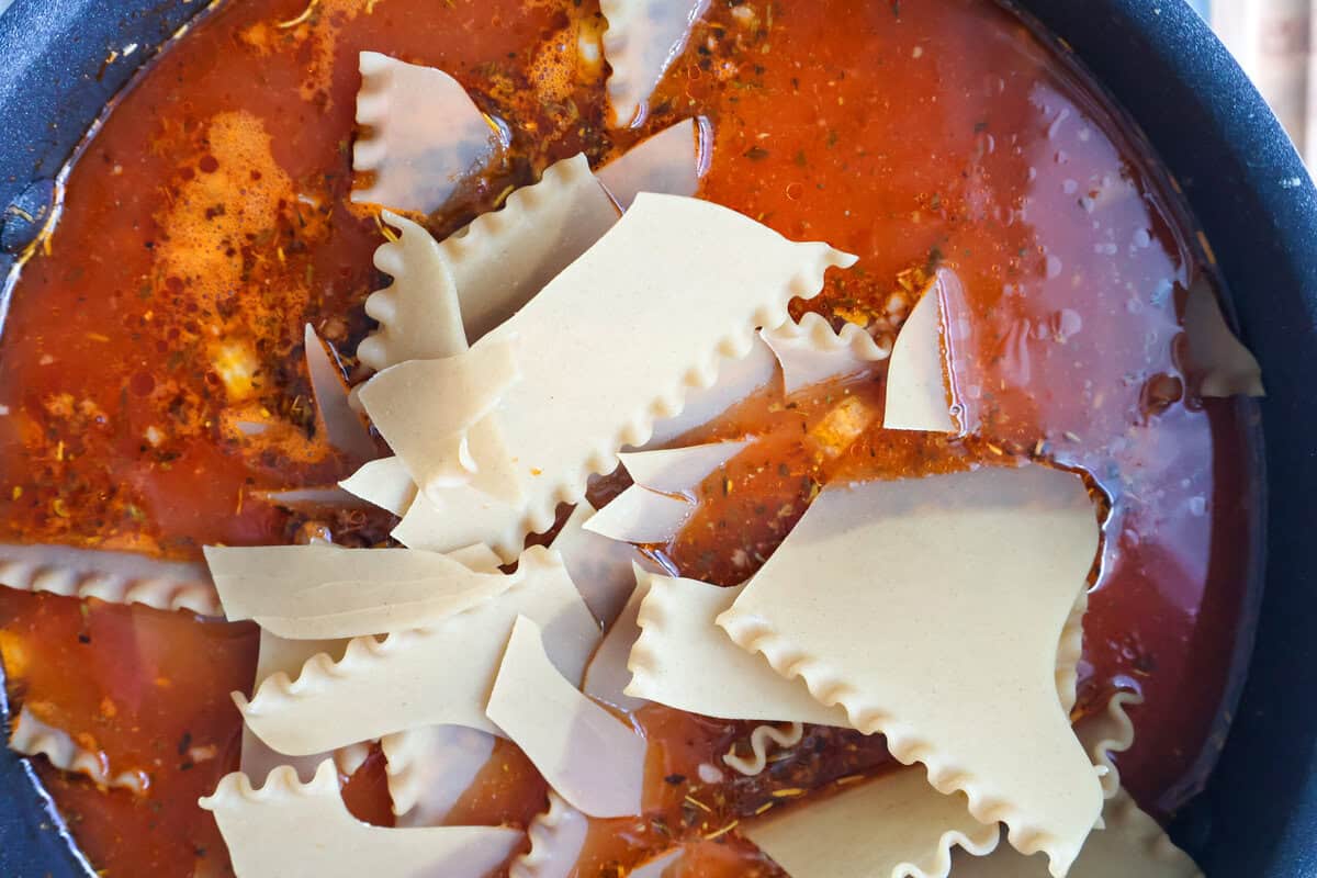 Broken lasagna noodles being added to the tomato broth in a pot.
