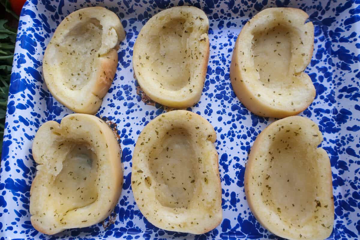 Gluten-free Texas toast slices with a small well pressed into the center of each