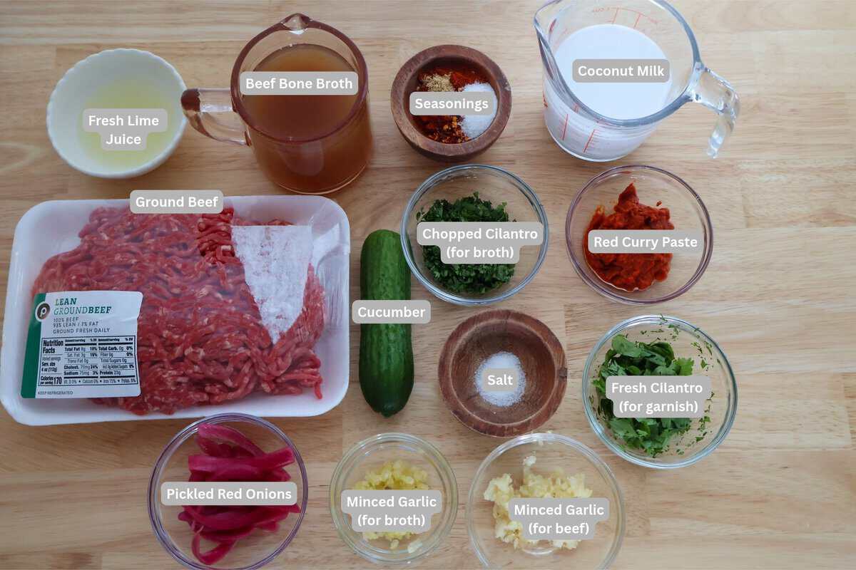Ingredients for crispy beef broth bowls, including lean ground beef, beef bone broth, coconut milk, red curry paste, garlic, cilantro, and lime juice