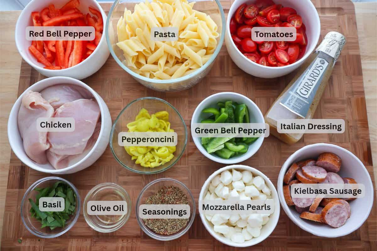Ingredients for gluten-free pasta salad with Italian dressing.